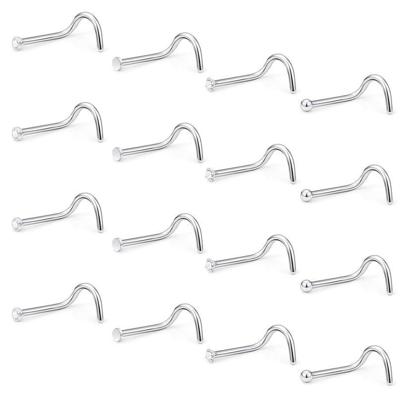 Hoeudjo Nose Rings 18G Nose Screw Studs Surgical Steel 1.5MM Clear Crystal Nostril Ring Body Piercing Jewelry for Women Men Silver-Tone 16 Pieces - Image 1